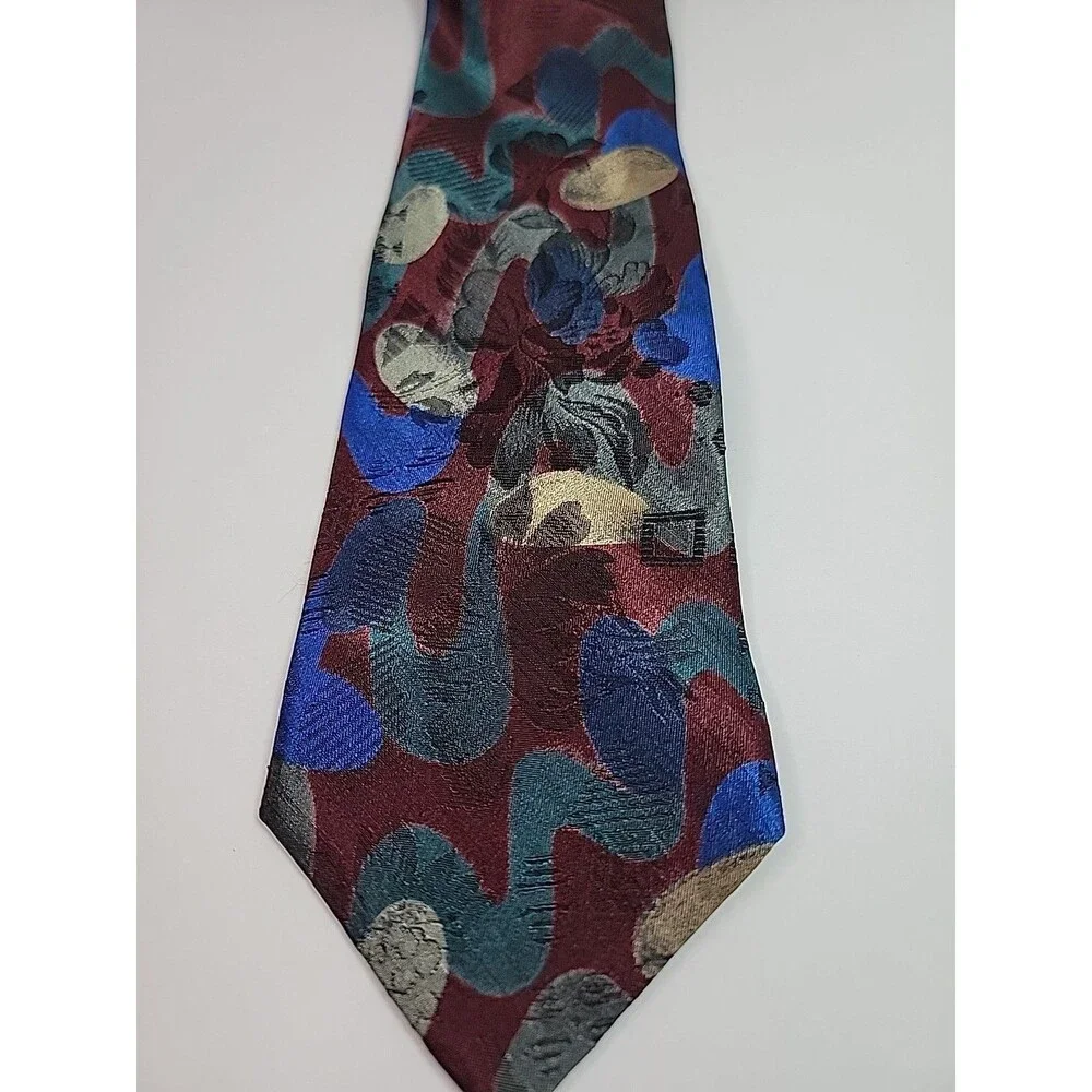 Towncraft Vintage Necktie Abstract Geometric Burgundy Blue Gray Tie 1960 Style